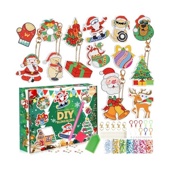 COSSIKA DIY Crafts Porte-clés de Noël à Faire soi-même, Kits dartisanat dart, Peinture Diamant Brillante pour Enfants, Four