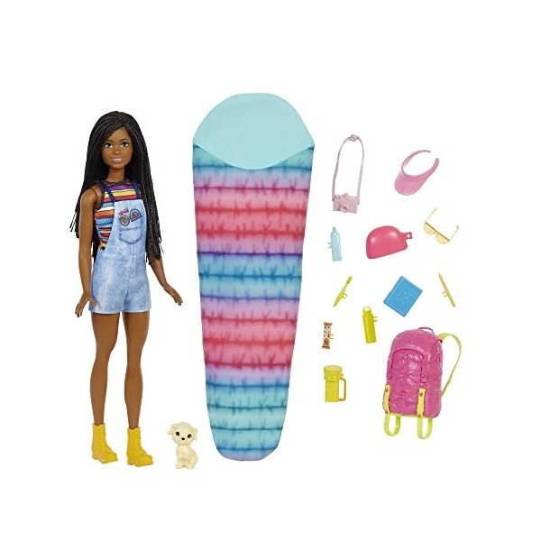 Barbie Famille poupée Brooklyn camping, avec mini-figurine chiot, sac à dos, sac de couchage et accessoires, jouet pour enfan