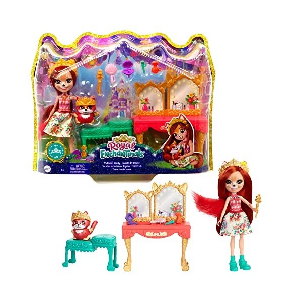 Enchantimals Royals coffret Coiffeuse avec mini-poupée Fabrina Renard, figurine animale Frisk et 9 accessoires, jouet pour en