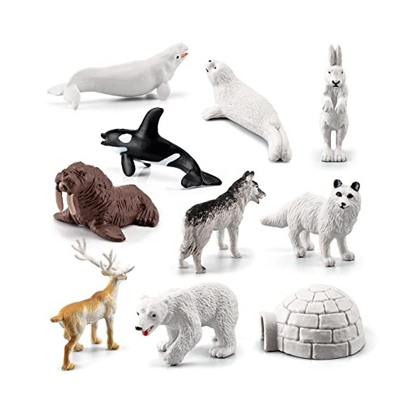 Morofme Lot de 10 figurines danimaux de lArctique - Jouet réaliste - Polar - Cerf de toundra - Ours - Renard - Animal de l