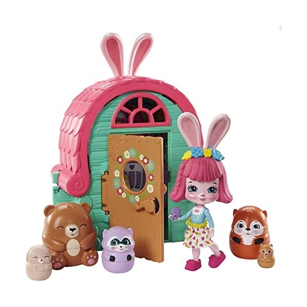 Enchantimals Collines Fertiles coffret La Maison Lapin & Animaux Surprises avec figurines Bree Lapin et 5 animaux, jouet pour