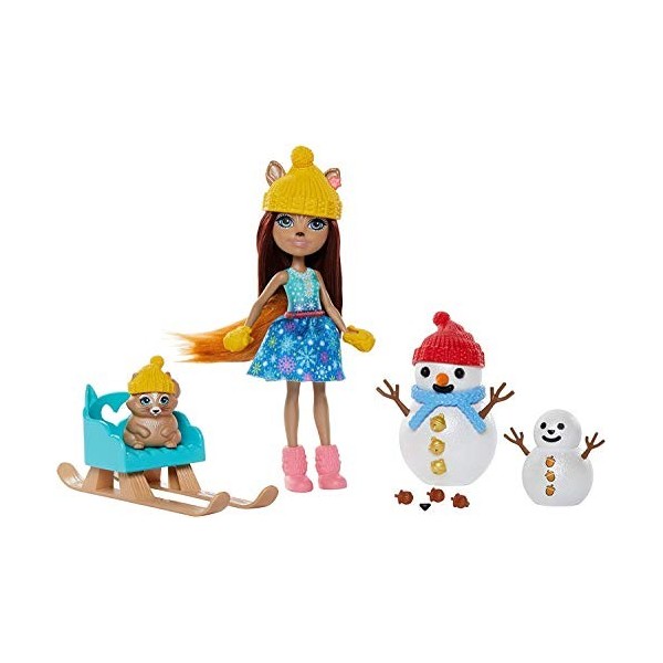 Enchantimals coffret Bonhommes de Neige, mini-poupée Sharlotte Écureuil, figurine animale Nutsy, pâte à modeler et accessoire