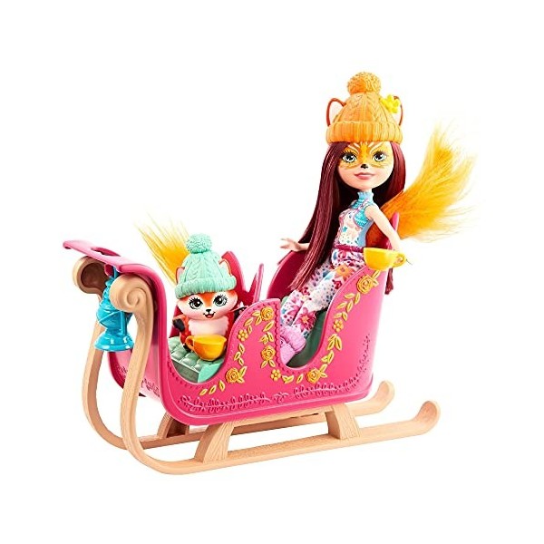 Enchantimals coffret Aventure en Traîneau, mini-poupée Felicity Renard, figurine animale Flick, traîneau et accessoires, joue