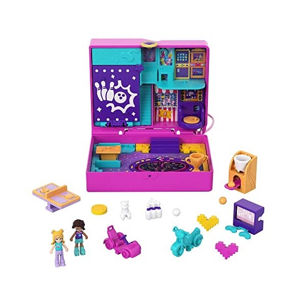 Polly Pocket Coffret Arcade en Folie, thème jeux, avec mini-figurines Polly et Shani, 5 surprises, 12 accessoires, jouet pour