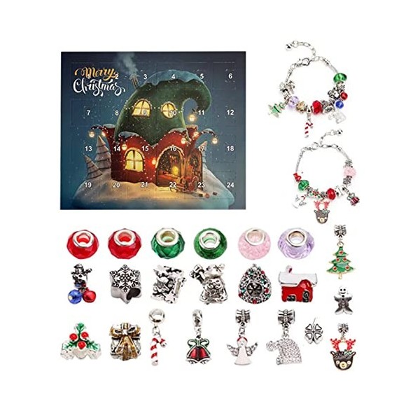 5 Pcs l2022, Kit création bijoux Noël avec 22 perles charms et 2 bracelets, compte à rebours Noël 24 jours Ensemble bracelet