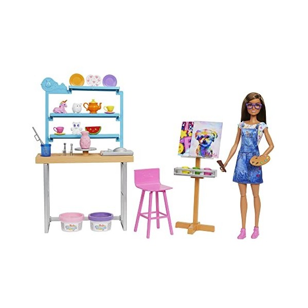 Barbie Bien-être Coffret atelier dart créer et se détendre, avec poupée, pâte à modeler et accessoires, jouet pour enfant, H