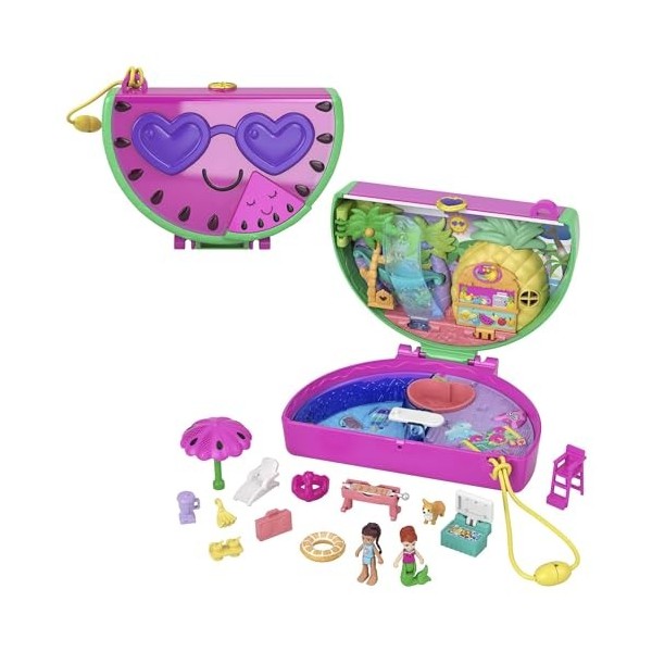 Polly Pocket Coffret Pastèque en Fête parfumé avec 2 mini-figurines Lila et son amie sirène, 12 accessoires et jeux aquatique