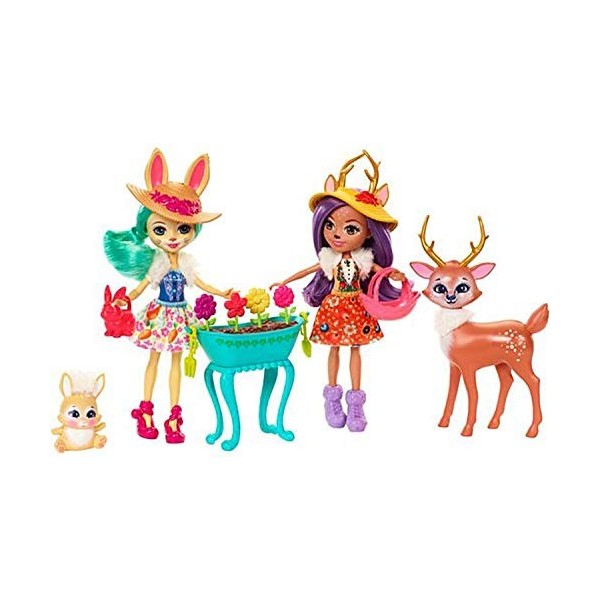 Enchantimals Coffret Jardin Enchanté, Mini-poupées Danessa Biche, Fluffy Lapin et Figurines Animales avec accessoires de jard