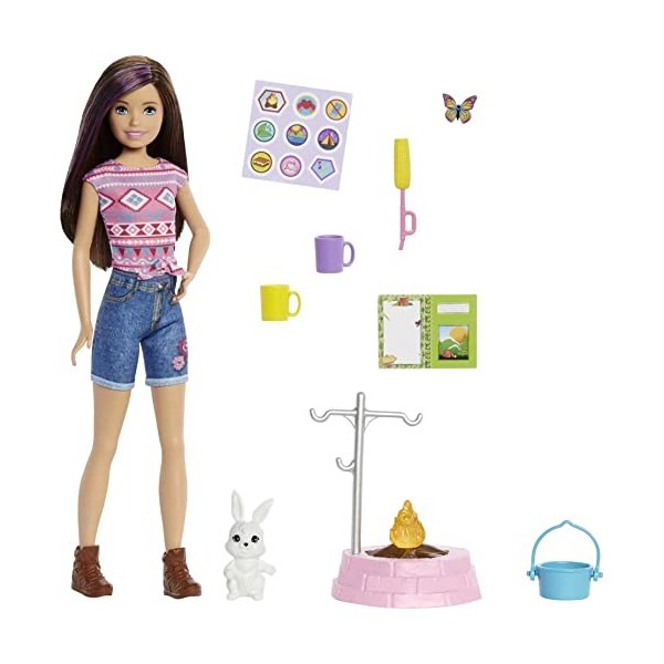 Barbie - It Takes Two - Coffret Vive le Camping - Poupée Skipper 25 cm , Lapin, Brasero, Autocollants et Accessoires de Camp