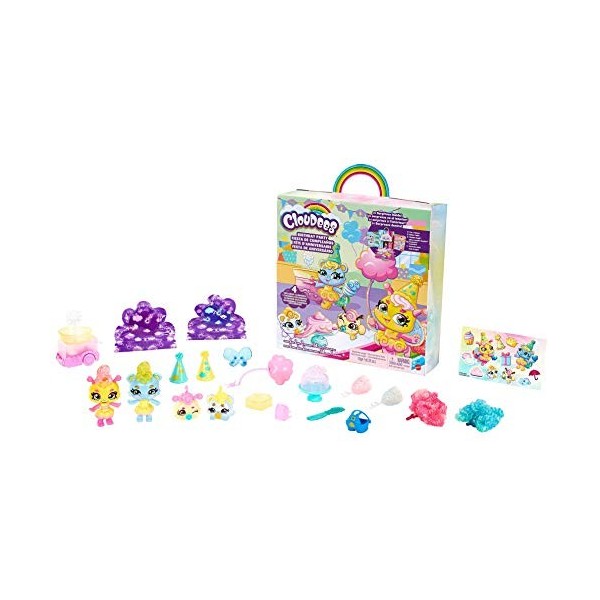 Cloudees Coffret Surprise Fête dAnniversaire avec 4 figurines animaux à collectionner et plus de 10 surprises incluses, joue