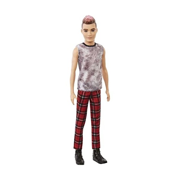 Barbie Fashionistas poupée mannequin Ken aux cheveux châtains et roses avec débardeur et pantalon écossais, jouet pour enfant