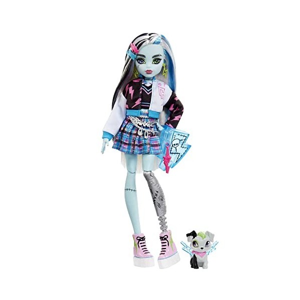 Monster High Poupée Frankie Stein Avec Accessoires Et Animal De Compagnie, Poupée Mode Articulée, Cheveux Méchés Noirs Et Ble