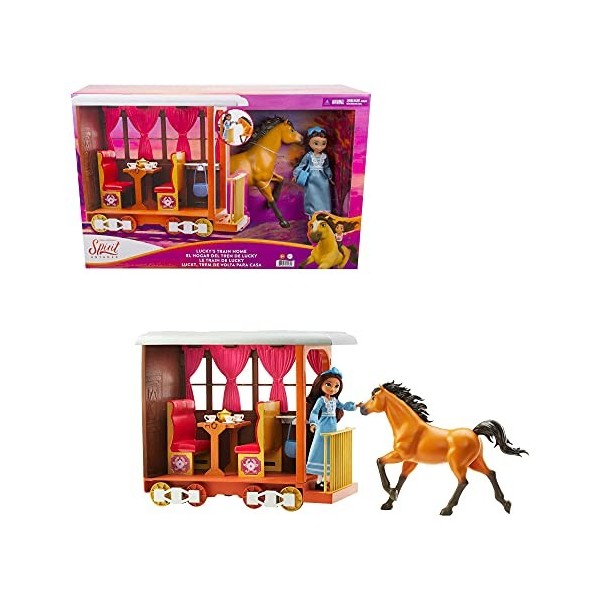 ​Spirit Lindomptable, coffret Train de Lucky avec poupée, figurine cheval Spirit et accessoires fidèles au film, jouet pour 