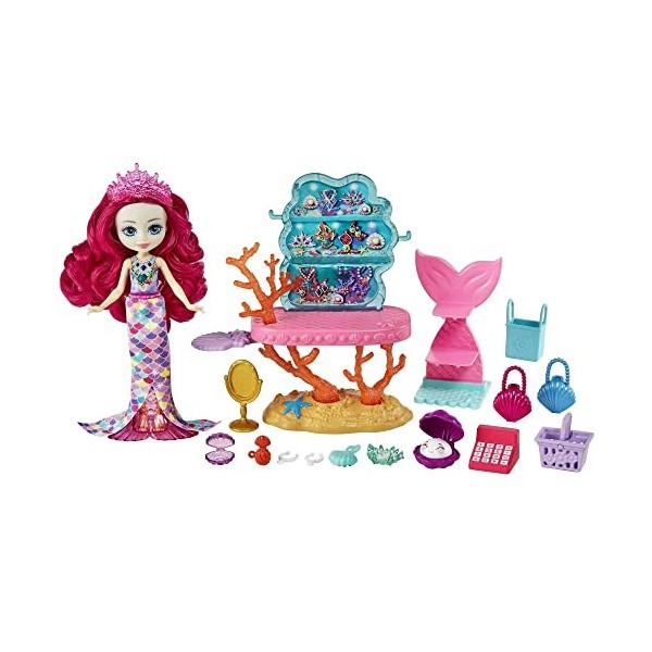 Enchantimals Royaume de l’Océan Coffret Boutique de locéan avec mini-poupée 15 cm, mini-figurine animale et accessoires, jou