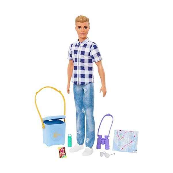 Barbie Poupée Ken Camping avec chemise à carreaux, jean effet usé et baskets blanches, avec 6 accessoires de camping, Jouet E