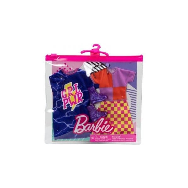 Coffret 2 Habits pour Barbie : Robe Bleu + Jupe a Carreaux Jaune et Rose et Bottes - Tenue de Ville - Set vêtement poupée + 1