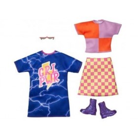 Coffret 2 Habits pour Barbie : Robe Bleu + Jupe a Carreaux Jaune et Rose et Bottes - Tenue de Ville - Set vêtement poupée + 1