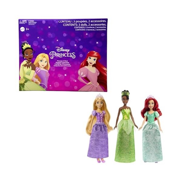 Disney Princess Coffret 3 Princesses avec Habillage Scintillant et Accessoires, avec Deux décors à Double Face à colorier et 