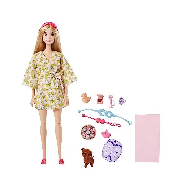 Barbie Coffret Bien-Être Barbie Va au Spa, poupée mannequin blonde avec chiot, peignoir imprimé citrons, serre-tête et masque