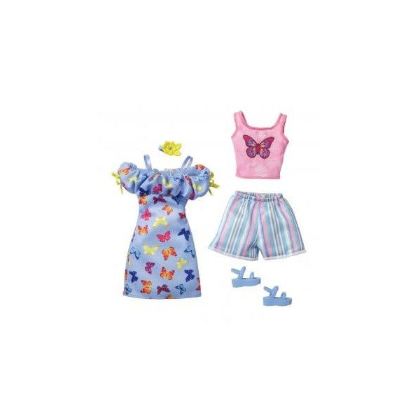 Coffret 2 Habits pour Barbie : Robe Papillon + Short avec Top Rose et Chaussure - Tenue de Ville - Set vêtement poupée + 1 Ca