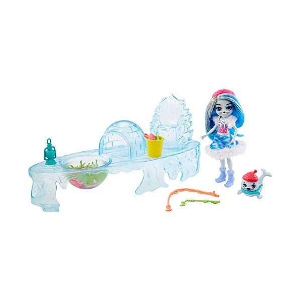 Enchantimals coffret Jour de Pêche, mini-poupée Sashay Phoque, figurine animale Blubber, cannes à pêche et accessoires, jouet