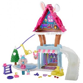 Enchantimals coffret Chalet des Neiges de Bevy Lapin, mini-poupée, figurine animale Jump, 5 espaces de jeu, jouet pour enfant