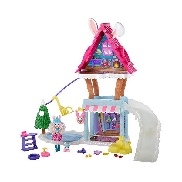 Enchantimals coffret Chalet des Neiges de Bevy Lapin, mini-poupée, figurine animale Jump, 5 espaces de jeu, jouet pour enfant