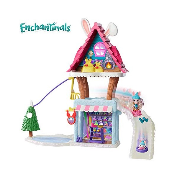 Enchantimals coffret Chalet des Neiges de Bevy Lapin, mini-poupée, figurine animale Jump, 5 espaces de jeu, jouet pour enfant