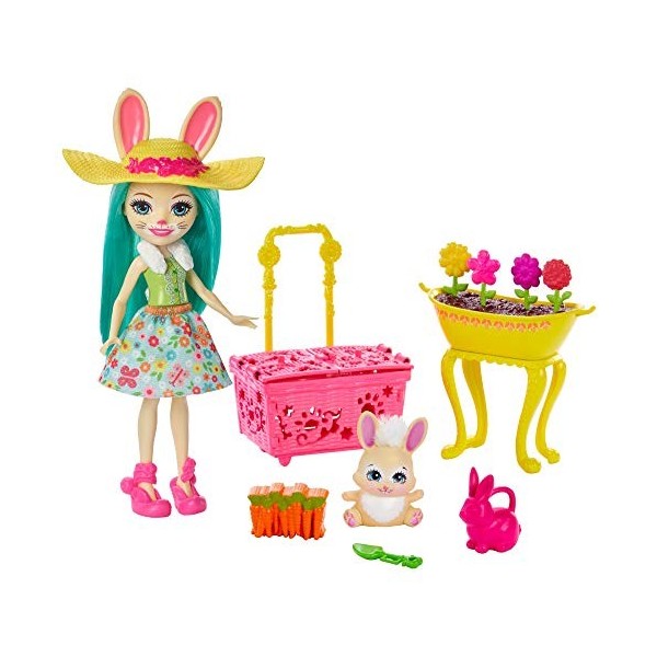 Enchantimals Coffret le jardin de Fluffy Lapin et sa figurine animale Mop, avec accessoires de jardinage, jouet enfant, GJX33