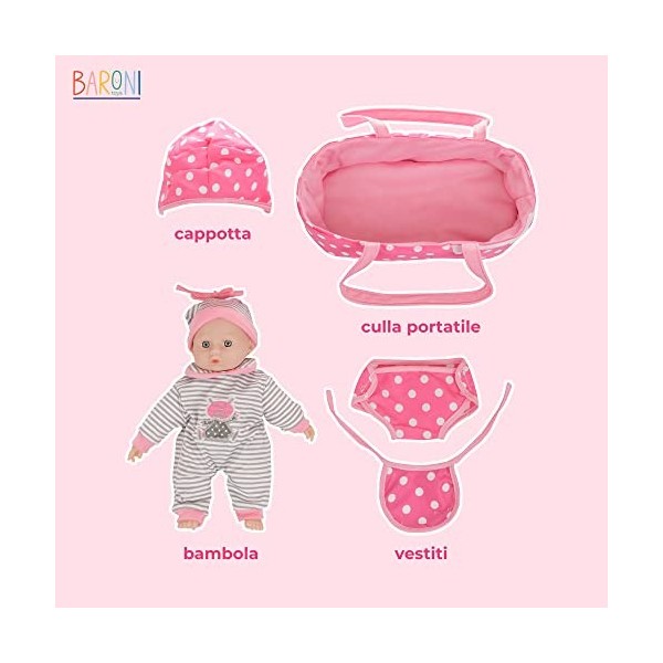 Baroni Toys Poupée Interactive à 3 Fonctions, Dit Maman et Papa, Rit et Pleure, 3 Accessoires Couche, Bâillon, Nacelle avec p