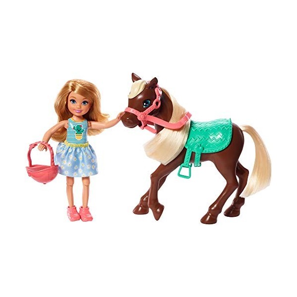 Barbie Famille Chelsea et son poney, mini-poupée articulé blonde, accessoires inclus, jouet pour enfant, GHV78