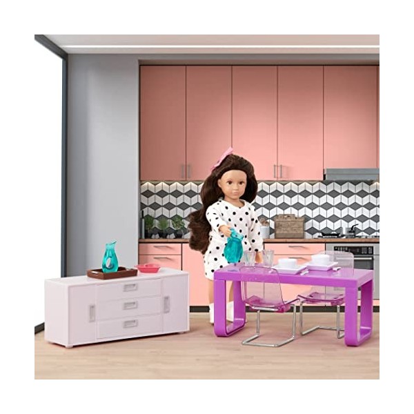 Lori – Mini Doll & Toy Dining Room Furniture – 6-inch Doll & Dollhouse Accessories – Table, Chairs, Dishes, Cutlery – Play Se