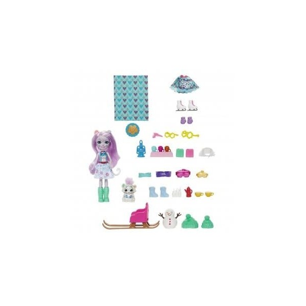 Coffret pour enchantimals poupées sybill léopard des neiges et Figurine Flake + 22 Accessoires - Set Figurine Animal + 1 Cart