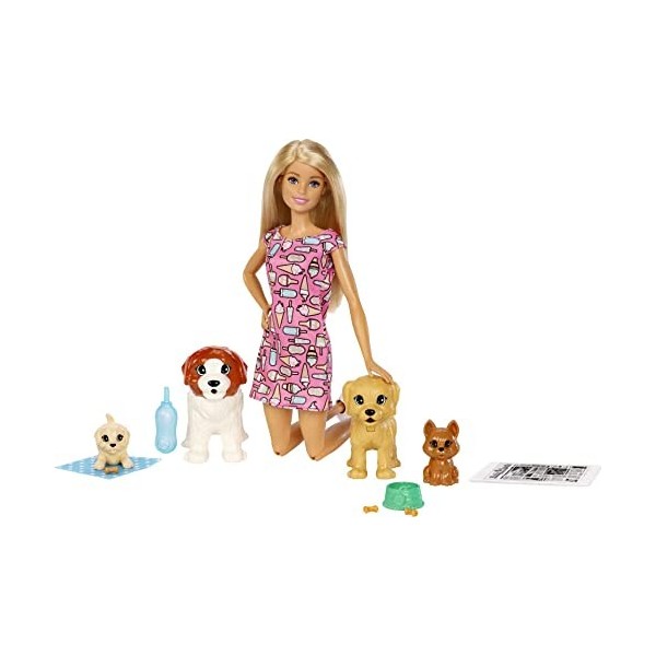 Barbie Coffret Poupee et ses 4 Chiens, dont 2 Figurines qui Peuvent Faire leurs Besoins, Accessoires Inclus, Jouet pour Enfan