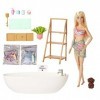 Barbie Coffret Bain Relaxant avec poupée blonde, baignoire, chiot, savon confetti coloré et accessoires, Jouet Enfant, Dès 3 