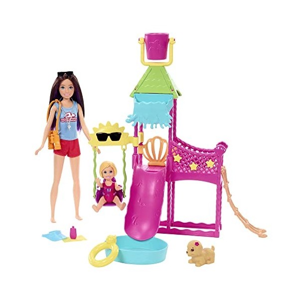 Barbie Coffret Skipper Premiers Jobs, Poupée, Parc aquatique avec toboggan à eau fonctionnel, chiot gicleur et plus de 5 acce