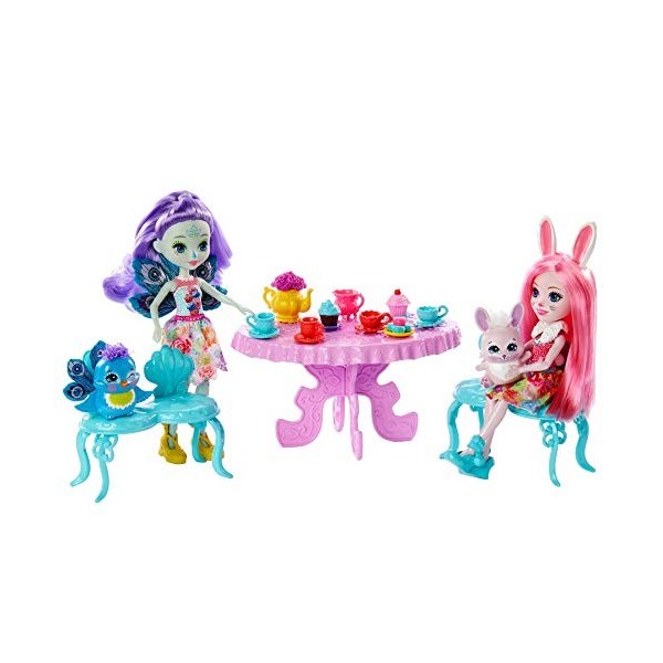 Enchantimals Coffret le goûter enchanté, mini-poupées Patter Paon et Bree Lapin et leurs figurines animales, accessoires incl