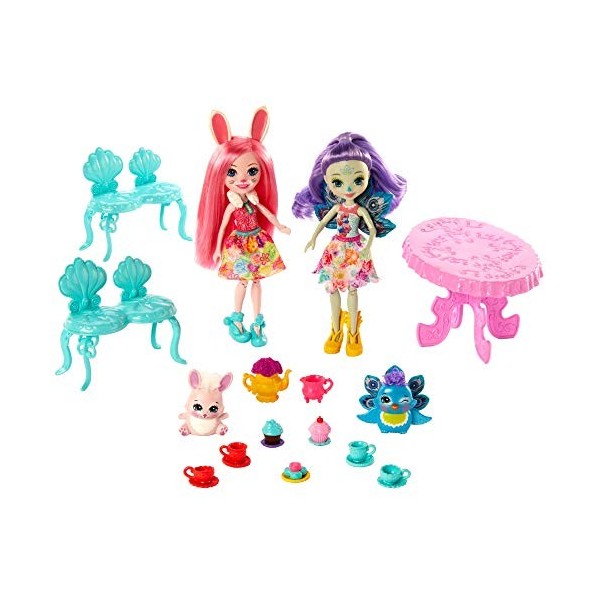 Enchantimals Coffret le goûter enchanté, mini-poupées Patter Paon et Bree Lapin et leurs figurines animales, accessoires incl