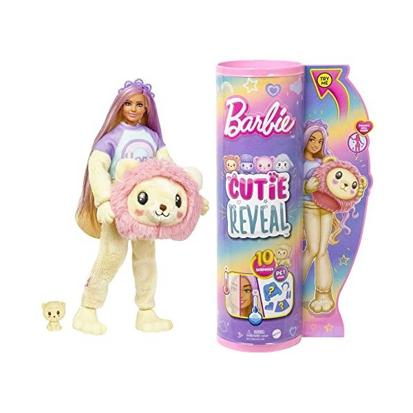 Barbie Coffret Poupée Mannequin Cutie Reveal Série T-Shirt Confort Incluant 10 Surprises, Costume Lion En Peluche, Série T-Sh