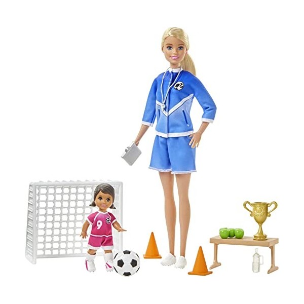 Barbie Métiers coffret poupée Coach de Football blonde avec figurine denfant et accessoires, jouet pour enfant, GLM47