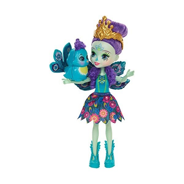 Enchantimals Mini-poupée Patter Paon et Figurine Animale Flap, aux cheveux violets avec jupe à motifs en tissu, jouet enfant,