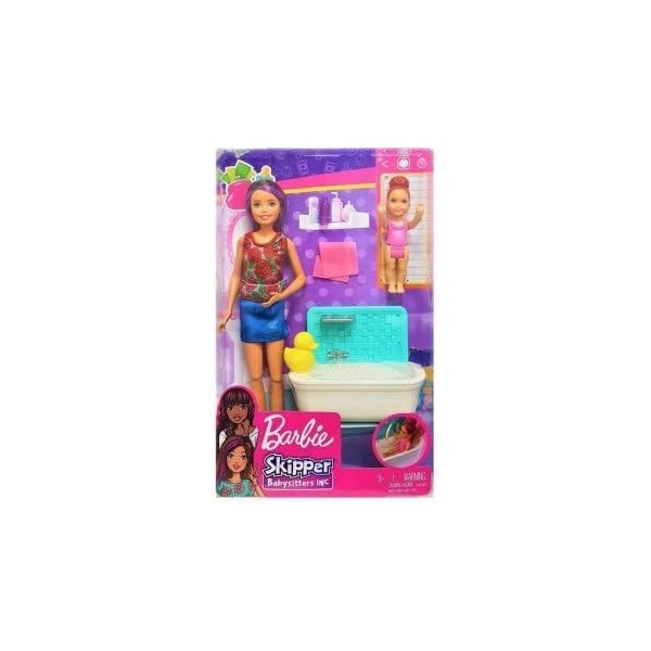 Coffret Babysitter Skipper - Poupee Mannequin, Figurine Enfant, Baignoire, Accessoires - Set mobilier Salle de Bain pour Barb