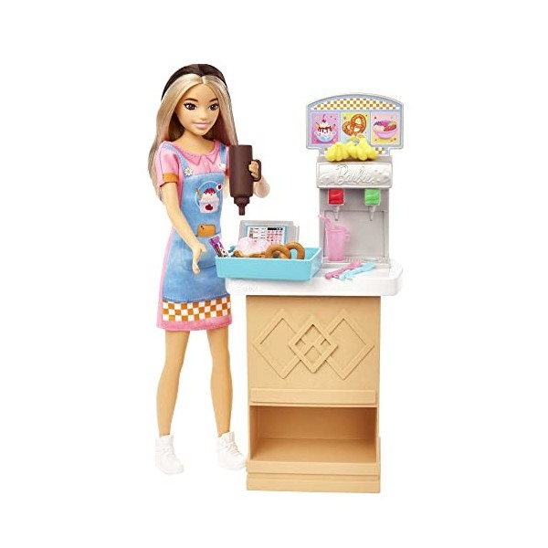 Barbie Coffret Skipper Premiers Jobs avec poupée Mannequin, Snack-Bar avec comptoir, Coupe glacée avec Changement de Couleur 