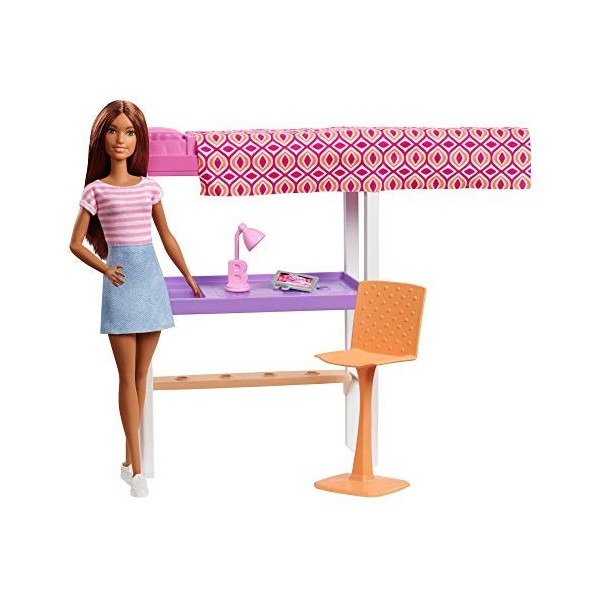 Barbie Mobilier coffret dintérieur poupée et lit superposé transformable, accessoires de bureau inclus, jouet pour enfant, F