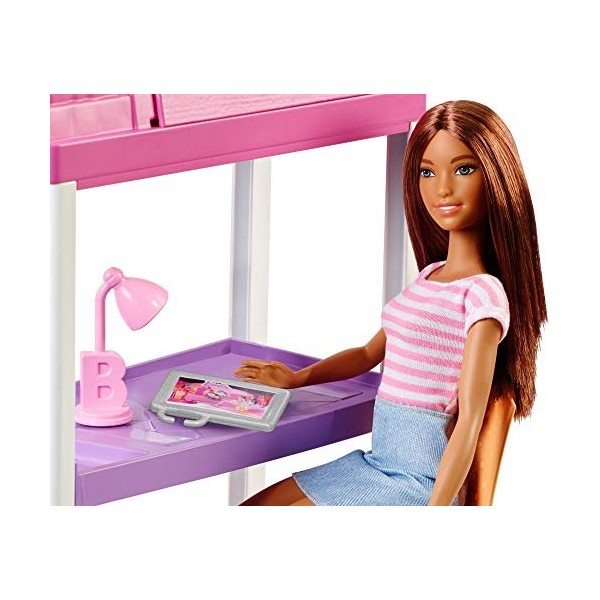 Barbie Mobilier coffret dintérieur poupée et lit superposé transformable, accessoires de bureau inclus, jouet pour enfant, F