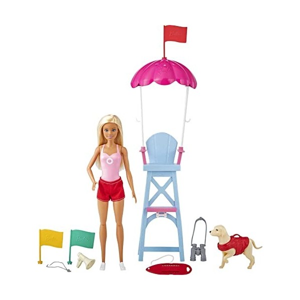 Barbie Métiers Coffret poupée Sauveteuse Blonde en Maillot de Bain avec Chaise de maître-Nageur, Figurine de Chien et Accesso