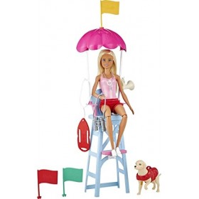 Barbie Métiers Coffret poupée Sauveteuse Blonde en Maillot de Bain avec Chaise de maître-Nageur, Figurine de Chien et Accesso