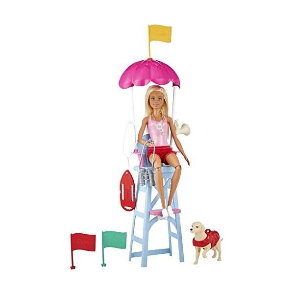 Barbie Métiers Coffret poupée Sauveteuse Blonde en Maillot de Bain avec Chaise de maître-Nageur, Figurine de Chien et Accesso