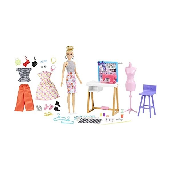 Barbie Metiers Coffret Studio Creation Mode, avec Poupee Blonde, Atelier, Machine à  coudre, 25 Accessoires de Jeu Inclus, Jo