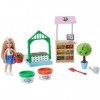 Barbie Métiers Coffret mini-poupée Chelsea avec potager, presse à légumes, accessoires de superette et deux Pots de pâte à Mo